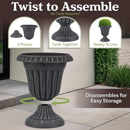 Outdoor Planter 2-Pack - 16x18-Inch Urn Planters for Front Porch Decor, Indoors, Patio or Entryway - Plastic Plant Pots - Large Decorative Flower Pots by Pure Garden (Stone Gray)