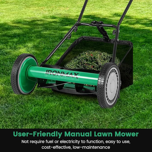 IRONMAX Lawn Mower, 16 Inch Push Reel Lawn Mower with 5 Steel Blades, Adjustable Cutting Heights, Grass Catcher Bag, Walk-Behind Manual Lawnmower for Garden Park Yard, No Motor (Green, 16 Inch)