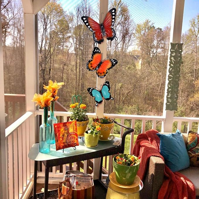 EASICUTI Metal Butterfly Wall Decor Butterfly Wall Art Hanging Sculpture for Indoor Outdoor Home Bathroom Living Room Bedroom Or Porch Patio Fence Orange Red Blue Set of 3