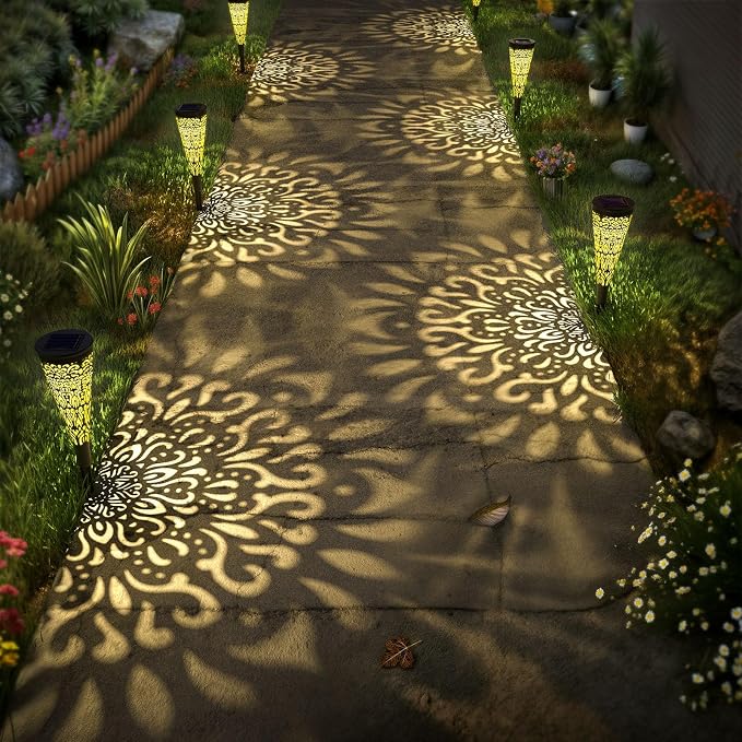 gardencave 6 Pack Solar Lights Outdoor Garden Decorative Mandala Solar Pathway Lights Waterproof Plastic Outside Solar Path Landscape Lights Gardening Gifts for Women Mom Backyard Walkway Yard Decor