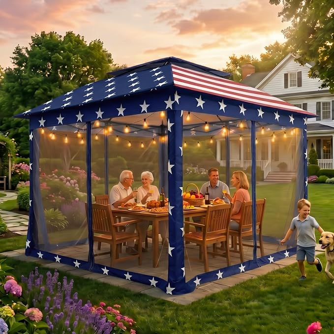 COOS BAY 11x11 Pop Up Gazebo with Mesh Netting, Instant Outdoor Canopy Tent, Water Resistant Shelter with UPF 50+ UV Protection, 121 Sq Ft Coverage, American Flag