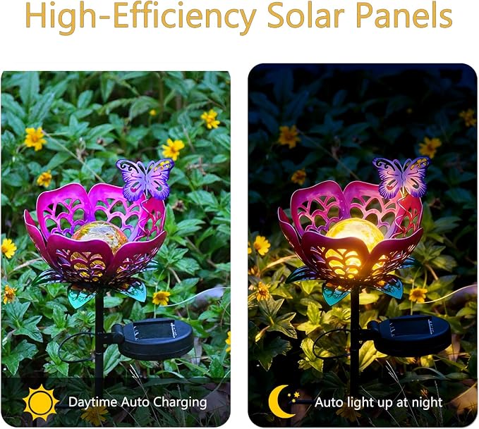 Solar Lights Outdoor Garden Decor, Metal Tulip & Butterfly Decoration Solar Lawn Lamp for Courtyard, Metal Flowers Outdoor Waterproof for Landscape Patio Yard Decor (Purple)