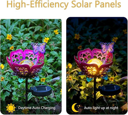 Solar Lights Outdoor Garden Decor, Metal Tulip & Butterfly Decoration Solar Lawn Lamp for Courtyard, Metal Flowers Outdoor Waterproof for Landscape Patio Yard Decor (Purple)