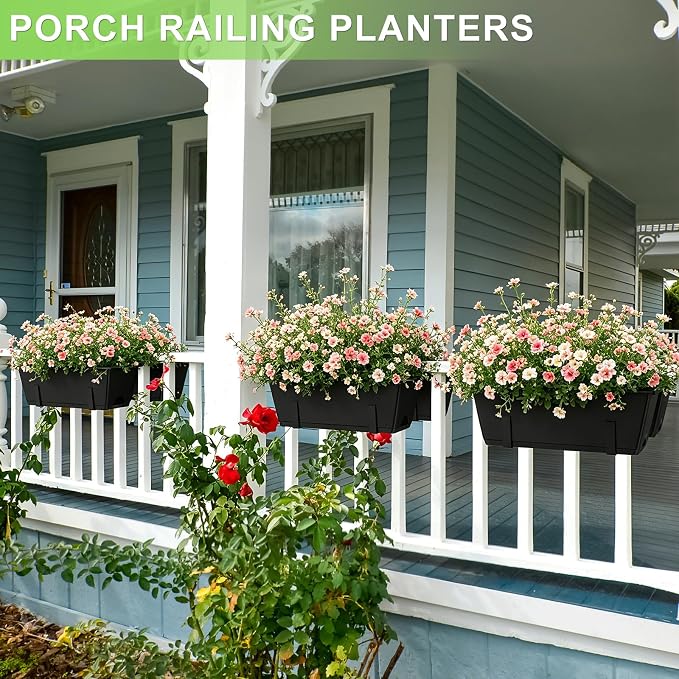 Railing Planter Box Adjustable Window Boxes Planters Set of 2, Black Hanging Balcony Planters with Removable Brackets, 17 Inch Outdoor Plastic Flower Pots for Fence, Deck Railing, Porch, Patio Garden