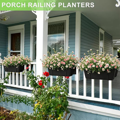 Railing Planter Box Adjustable Window Boxes Planters Set of 2, Black Hanging Balcony Planters with Removable Brackets, 17 Inch Outdoor Plastic Flower Pots for Fence, Deck Railing, Porch, Patio Garden