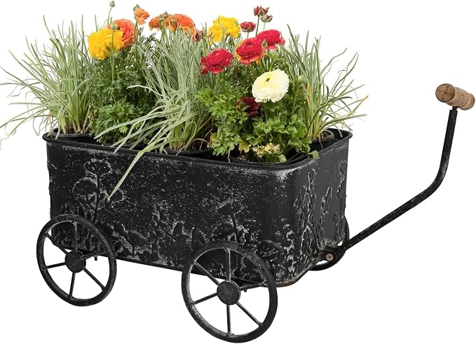 Flower Cart with Wooden Handles, Metal Wagon Planters for Outdoor Plants, Garden Planter with Wagon Wheels, Decorative Wheelbarrow, Plant Cart for Patio Garden Balcony (Black)