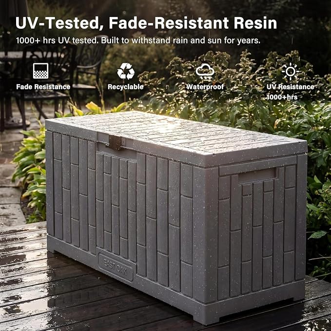 EAST OAK Outdoor Storage Box, 80 Gallon Deck Box, Waterproof Resin Storage Bin for Patio Cushions, Gardening Tools, Lockable, UV Resistant, Ash Grey