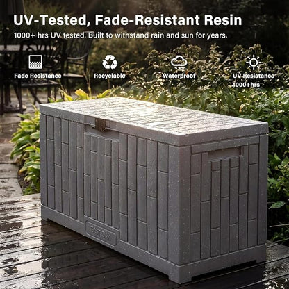 EAST OAK Outdoor Storage Box, 80 Gallon Deck Box, Waterproof Resin Storage Bin for Patio Cushions, Gardening Tools, Lockable, UV Resistant, Ash Grey