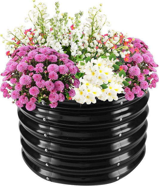 TBMLC 17" Tall Elevated Round Metal Rised Garden Bed- 2'x2' in Size and 0.8MM Thick Durable Planter Box for Vegetables Flowers Succulent at Patio/Garden Outdoor (Black, 2FT Diameter)