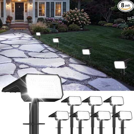 Fabrito Upgraded Solar Spot Lights Outdoor IP67 Waterproof 8 Pack, [108 LEDs, 4 Modes, 800LM] Dusk to Dawn Spotlights for All Night, 2-in-1 Solar Landscape Lights for Garden, Yard, Tree, Cool White