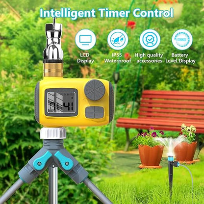 100FT Drip Irrigation System Kit with Smart Water Timer for Garden, 1/2" High-Flow Mainline Automatic Watering System, 16pcs Adjustable Nozzles & Sprays,Fast-Plug Kit for Yard,Lawn Agricultural