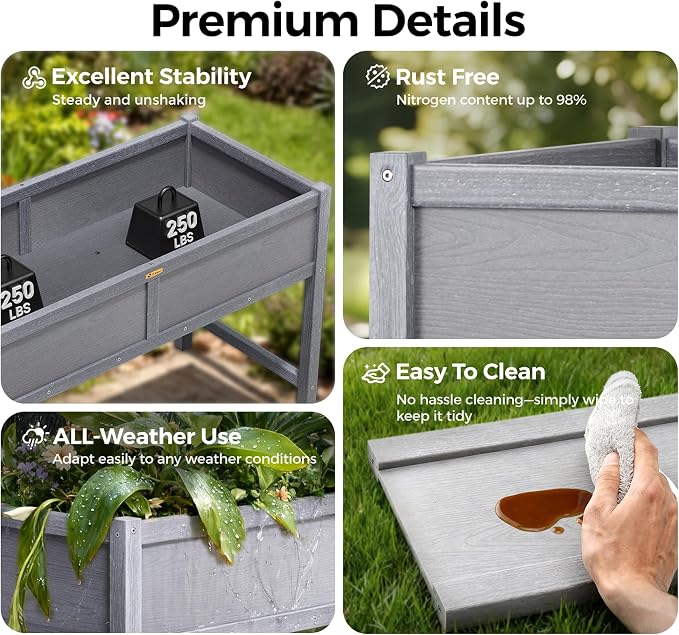 TT Nature HDPE Raised Garden Bed with Legs, 47x22x30 inch Outdoor Elevated Planter Box for Vegetables, Herbs & Flowers, Weather-Resistant Raised Garden Beds for Patio, Balcony & Backyard Gardening