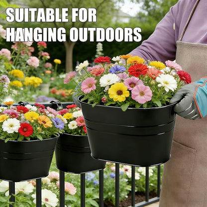 RIOGOO Flower Pots Metal Iron Hanging Flower Pots Garden Pots Balcony Planters Metal Bucket Flower Holder Wall Hanging Decorative Pot - Removable Hook (4 Pieces) (Black)