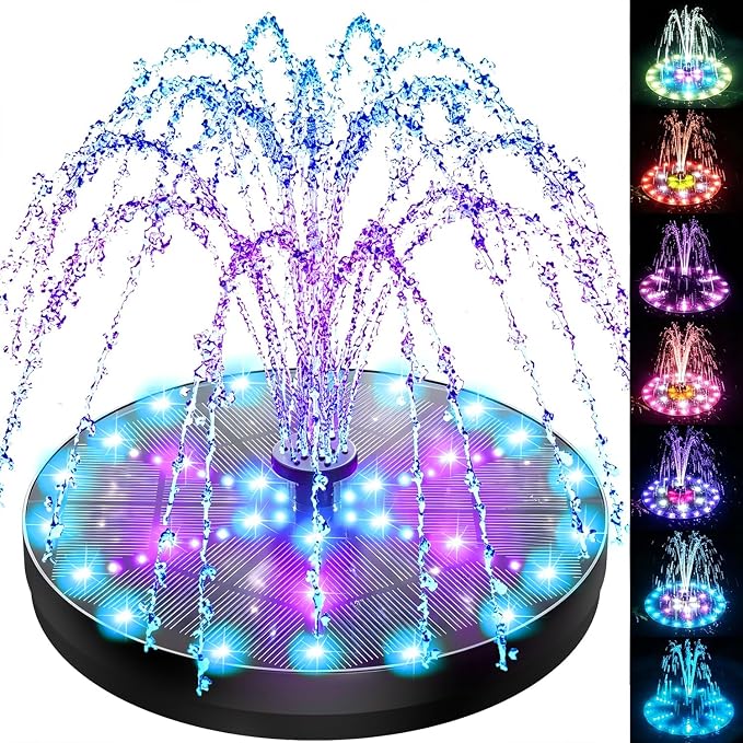 SZMP Solar Fountain 4W Bird Bath Fountains Upgraded 60 LED Lights, Built-in 4000 mAh Battery with 7 Nozzles & 4 Fixers, Solar Water Fountain for Garden, Bird Bath, Pool, Pond, Outdoor