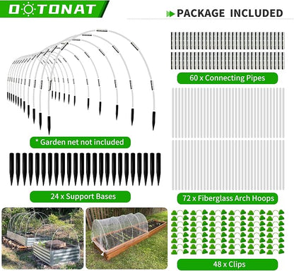 Garden Hoops for Raised Beds- Rust Free Fiberglass Frame Plant Hoops with Support Bases -Greenhouse Hoops Grow Tunnel , 72pcs，Vanilla