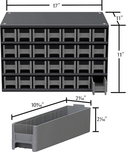 Akro-Mils Steel Garage Storage Cabinet, Small Parts Organizer Metal Cabinet for Hardware, Nails, Screws, Bolts, Nuts, and More, 17" W x 11" D x 11" H, 28-Drawer, Gray Cabinet/Blue Drawers (19228)