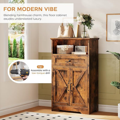Floor Cabinet, Farmhouse Storage Cabinet with Barn Doors and Drawer, 11.81" D x 23.62" W x 39.37" H Rustic Brown Freestanding Adjustable Shelf Organizer for Bathroom, Kitchen, Living Room