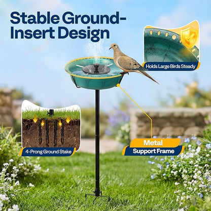 VIVOHOME Bird Bath with Solar Fountain for Outside, Weather-Resistant ABS Birdbath Bowl with Solar Powered Pump, Metal Ground Stake for Outdoor, Garden, 1.45 Gallons, Green
