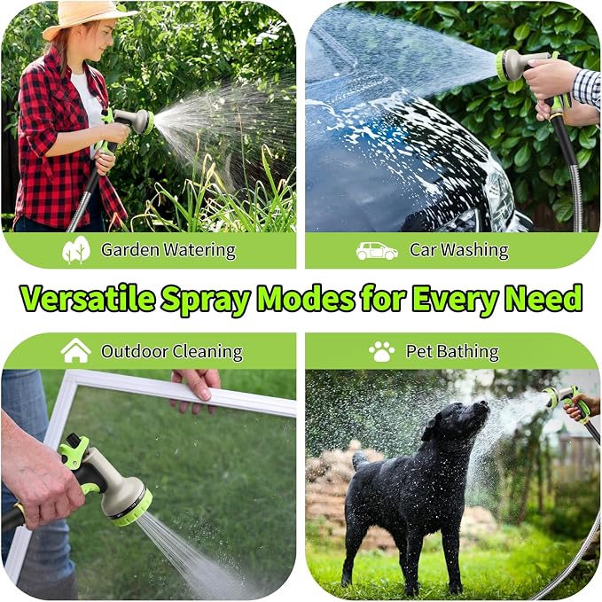 GOXAWEE Garden Hose 100FT, Stainless Steel Heavy Duty Water Hose With 10 Function Nozzle, No-Kink, Tough & Flexible, Sturdy and Lightweight, Rust Proof for Yard, Outdoor, RV