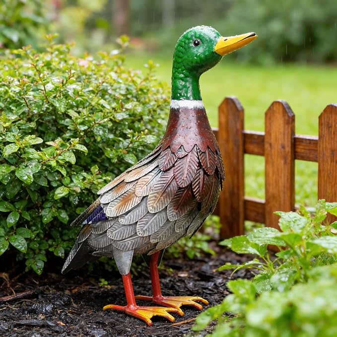 Shorayn Garden Statue Metal Duck Life-Size Mallard Indoor Outdoor Decor Handmade Iron