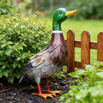 Shorayn Garden Statue Metal Duck Life-Size Mallard Indoor Outdoor Decor Handmade Iron