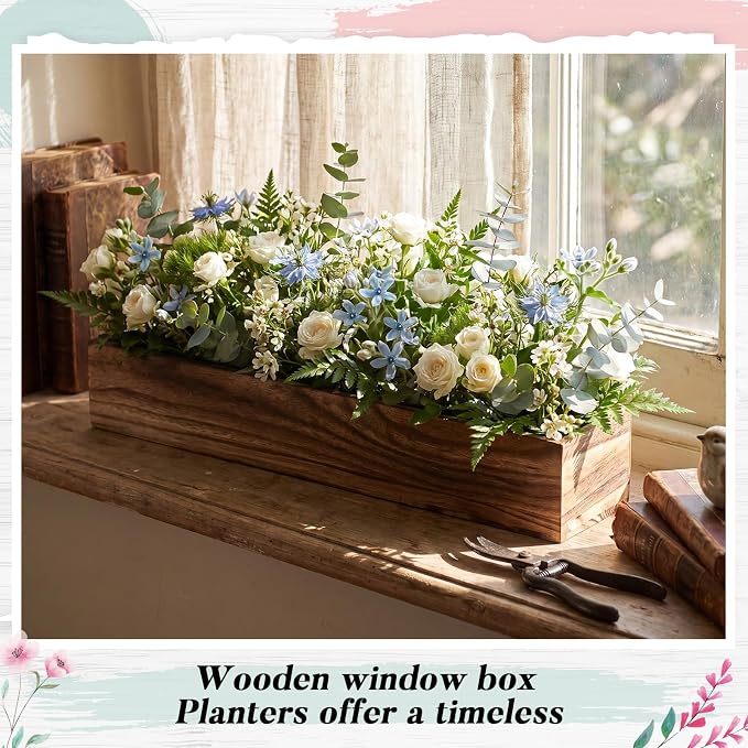 Dandat 2 Set Wood Boxes for Centerpieces 28x5 Inch Rectangle Wooden Planter Box Rustic Wood Planter with Removable Plastic Liner Floral Foam Blocks for Christmas Wedding Home Garden Decor(Dark Brown)