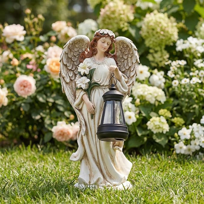 Solar Angel Outdoor Decor Garden Statues – 13.2 inches Angel Figurines Outdoor Sculptures with Solar Lantern for Outside Yard Art Patio Balcony Front Lawn Ornaments Gifts for Mom Grandma Women
