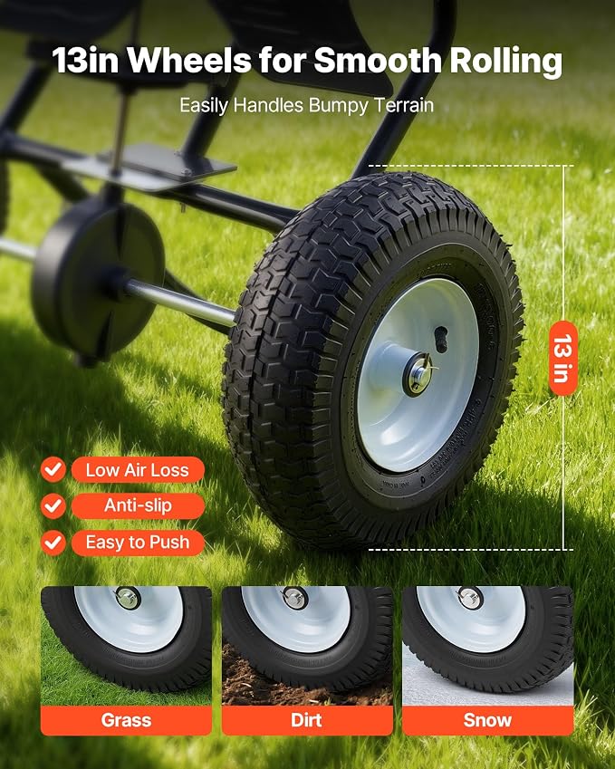 VEVOR Broadcast Spreader, 12ft Spreading Width, Push Broadcast Spreader with 13" All-Terrain Tires, Adjustable Flow Control, 130lbs Capacity Hopper, Lawn Spreaders for Fertilizer Seed Ice Melt