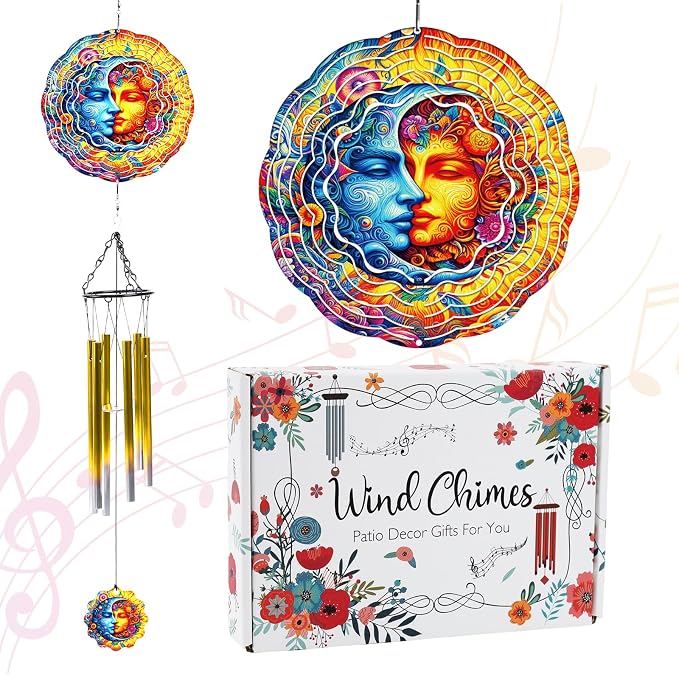 Celestial Sun Moon Wind Chime, Hanging Wind Spinner Gift for Women Mom, Stainless Steel Outdoor Garden Patio Porch Décor