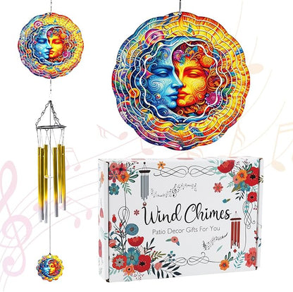 Celestial Sun Moon Wind Chime, Hanging Wind Spinner Gift for Women Mom, Stainless Steel Outdoor Garden Patio Porch Décor