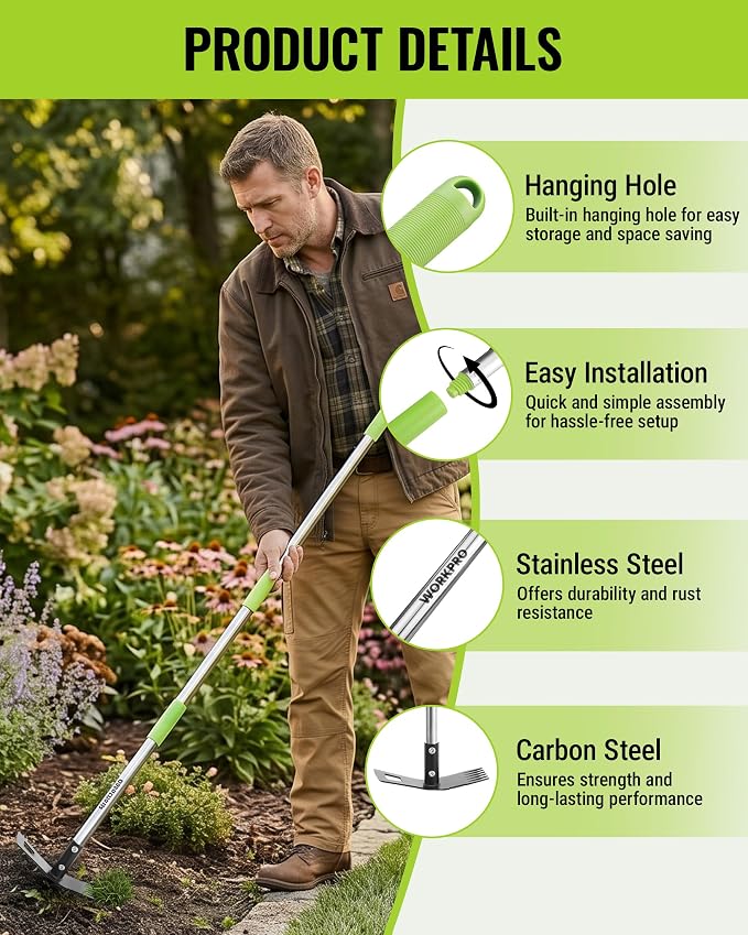 WORKPRO Weed Puller Tool with Long Handle, 2-in-1 Garden Hoe & Weed Rake | 29"-56" Adjustable Manual Weeding Tool, Uprooting Weed Remover Gardening Weeder Tools for Yard, Lawn, Patio and Garden