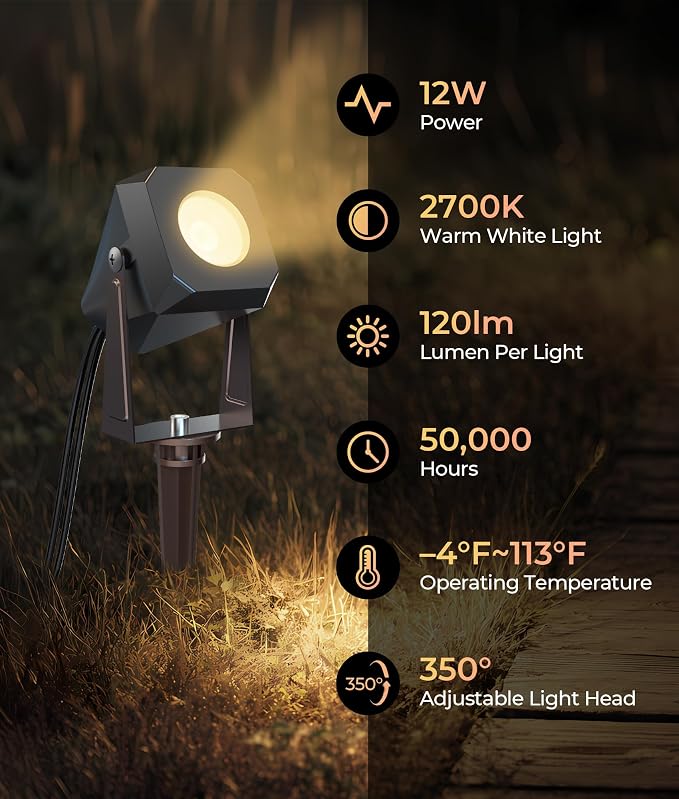 DeckTok Outdoor Landscape Lighting, 4 Pack Outdoor Spotlights, LED Low Voltage Landscape Lights for House Yard Garden Lawn Tree Fence Plant Flags Pathway, 12V 2700K Warm White, IP65 Waterproof