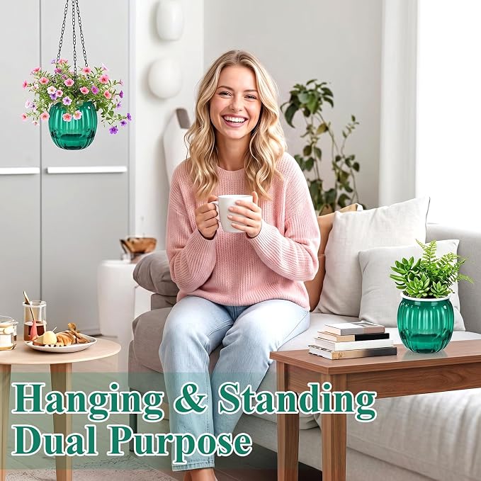 10 Pack 6.5 Inches Self Watering Hanging Planters for Indoor Outdoor Plants Bulk with Metal Hanging Chain and Hook, Self Watering Hangings Pots for Garden Home (Green)