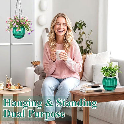 10 Pack 6.5 Inches Self Watering Hanging Planters for Indoor Outdoor Plants Bulk with Metal Hanging Chain and Hook, Self Watering Hangings Pots for Garden Home (Green)