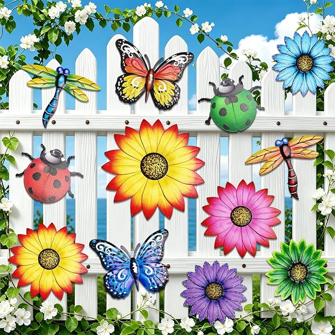 Super Ubelle 12 Pcs 3D Metal Garden Flower Wall Art Decor Kit | Outdoor Wall Art Flower Butterfly Dragonfly Ladybug Hanging Decorations for Patio Yard Backyard Balcony