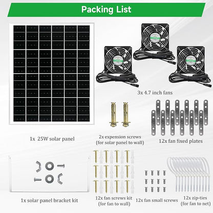 blessny Solar 3 Fan Kit for Intake or Exhaust air, Weatherproofed Solar Powered Fans for Outside Chicken Coops, Greenhouses, Shed, Pet House Air Ventilation