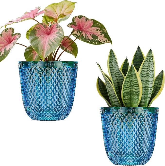 QCQHDU 2 Pack Self Watering Pots, 7.2 Inch, with Drainage Holes, Klein Blue | Plastic Garden Planter with Water Filling Port for Indoor Plants