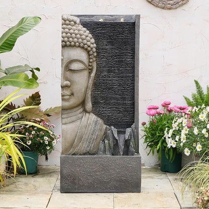 Tankana 47.5" Buddha Water Fountain Outdoor with LED Lights, Large Zen Garden Waterfall Feature with Double Bubblers and Stream, Resin Statue for Patio, Yard, Porch, Meditation Decor