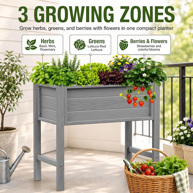 YEFU 34" Small Garden Planter, Wood-Look HIPS Compact Planter Box, Grey | Small Garden Planter for Balconies, Patios & Porches, Wood-Look HIPS, 30" Height, Drainage, 385 lbs Support for Herbs