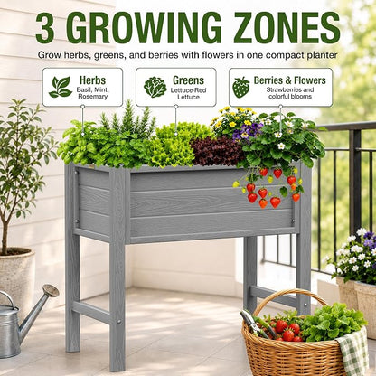 YEFU 34" Small Garden Planter, Wood-Look HIPS Compact Planter Box, Grey | Small Garden Planter for Balconies, Patios & Porches, Wood-Look HIPS, 30" Height, Drainage, 385 lbs Support for Herbs