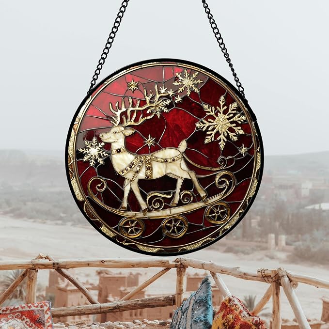 DASTOLL Stained Glass Window Hanging 4 Pcs Set Red Christmas Elk Snowflakes 7.8" - Deer Suncatcher Door Garden Sun Catcher Decor Birthday for Mom Woman Nana Men Friend