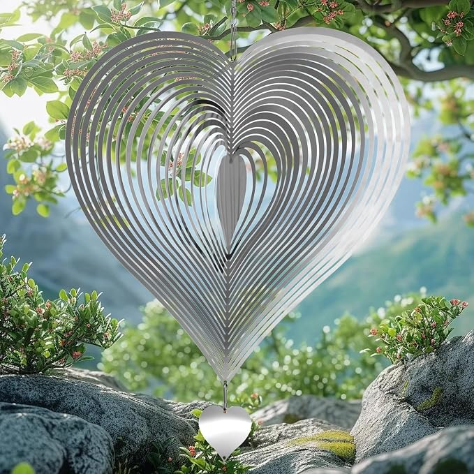 Stainless Steel Wind Spinners Outdoor Garden Decor, Gifts for Women Mom, 3D Metal Reflective Bird Devices Deterrent to Keep Scare Woodpecker Pigeon Away Outside Patio Yard House (Silver Heart,12 Inch)