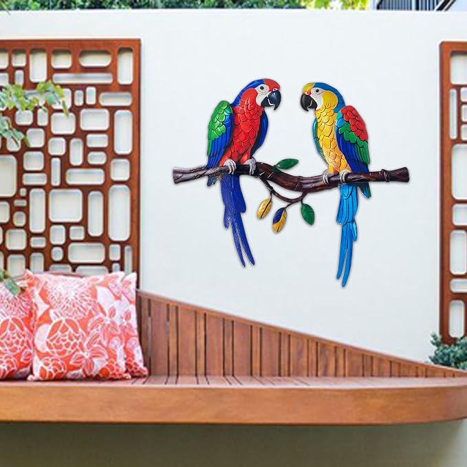 Limygus Colorful Tropical Double Parrot Metal Wall Art, Indoor Outdoor Hanging Decor for Patio Yard Balcony Living Room