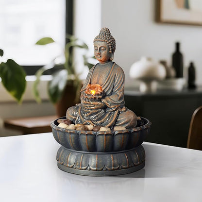 Kalona Home Décor 9.6" Tabletop Fountain Exquisite Smile Sitting Buddha Fountains Desk Water Fountain Decorative Zen Fountain w/Reflective Lighting/Cobblestone Office and Home Decor(21125A)