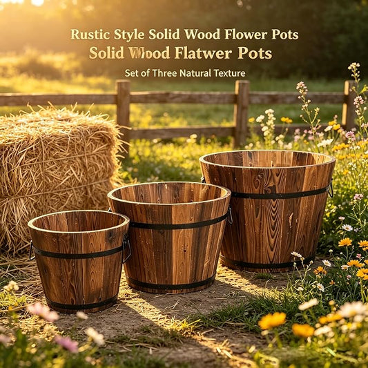 3 PCS Large Wooden Planter Barrel Set - Whiskey Real Wood Decor Plant pots, Rustic Flower Planters Pots Container w/Drainage Holes for Indoor Outdoor Garden Home Plants (18",15.2",11.5")