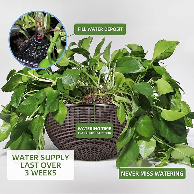 Dexceder 9 Inch Self Watering Hanging Planter (Brown) | Thickened Hanging Basket Flower Plant Pot with Water Level Indicator Indoor Outdoor