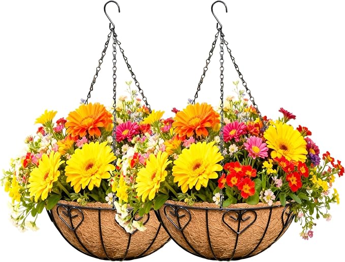 2 Pack 12 Inch Black Metal Hanging Basket Hanging Planter with Coco Coir Liner Heavy Duty Hanging Flower Pot Holder for Indoor Outdoor Patio Garden Porch Balcony Decor (Heart-Shaped)