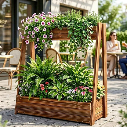36" 2-Tier Fir Wood Elevated Raised Garden Bed | Fir wood tiered planter with 23" vertical growing space, drainage holes, liner, and no-bend height for patio or balcony