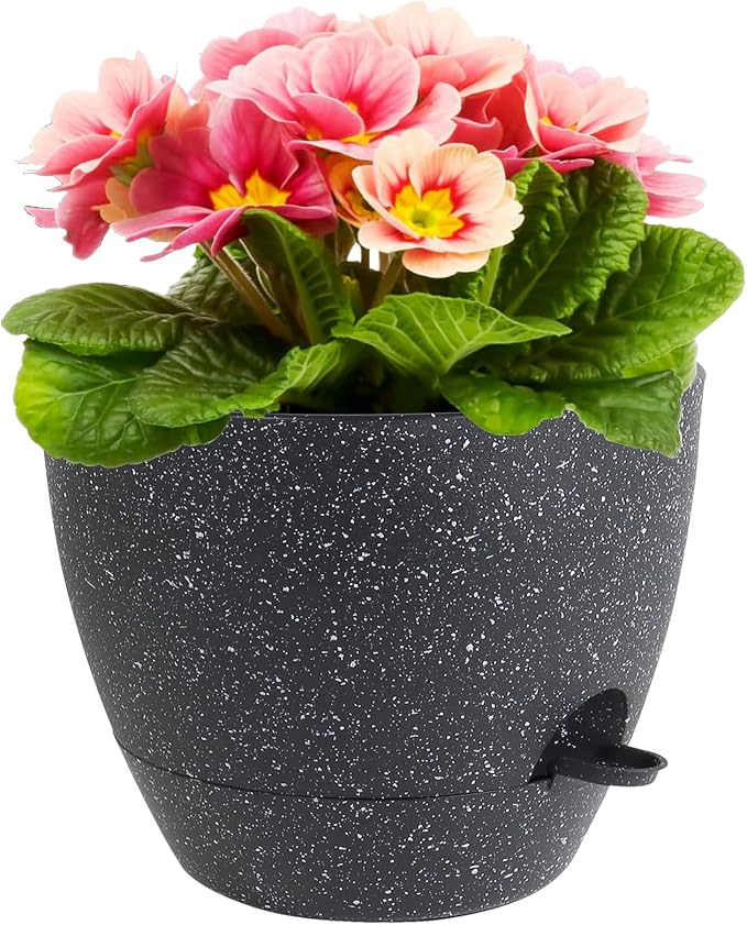 Meowell 12 inch Large Self Watering Pots for Indoor Outdoor Plants, Flower Plant Pots with Mesh Drainage Holes for Garden House Plants, Plastic Planters with Reservoir for Home Decor, Speckled Black