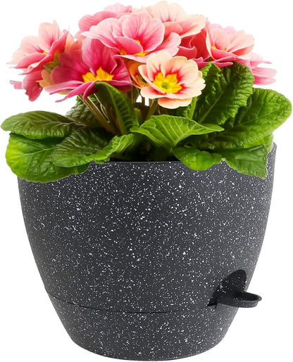 Meowell 12 inch Large Self Watering Pots for Indoor Outdoor Plants, Flower Plant Pots with Mesh Drainage Holes for Garden House Plants, Plastic Planters with Reservoir for Home Decor, Speckled Black
